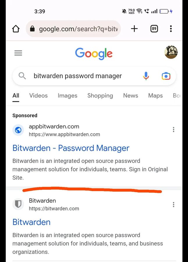 Fałszywa reklama Bitwarden w Google