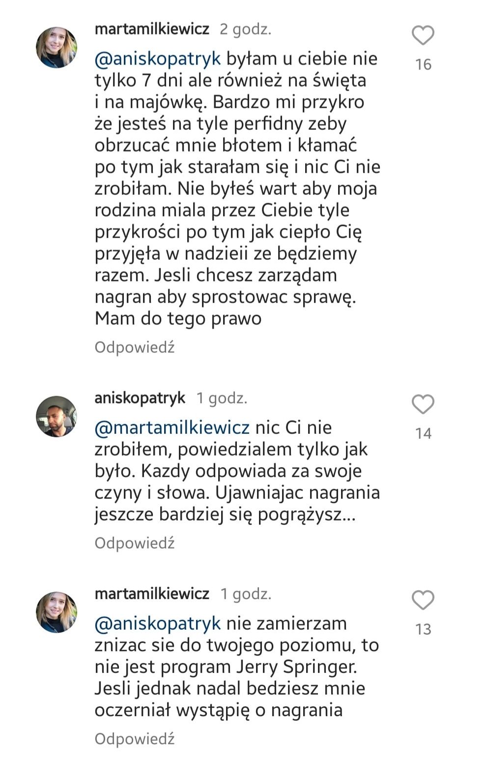 Wymiana zdań miedzy Martą a Patrykiem na Instagramie