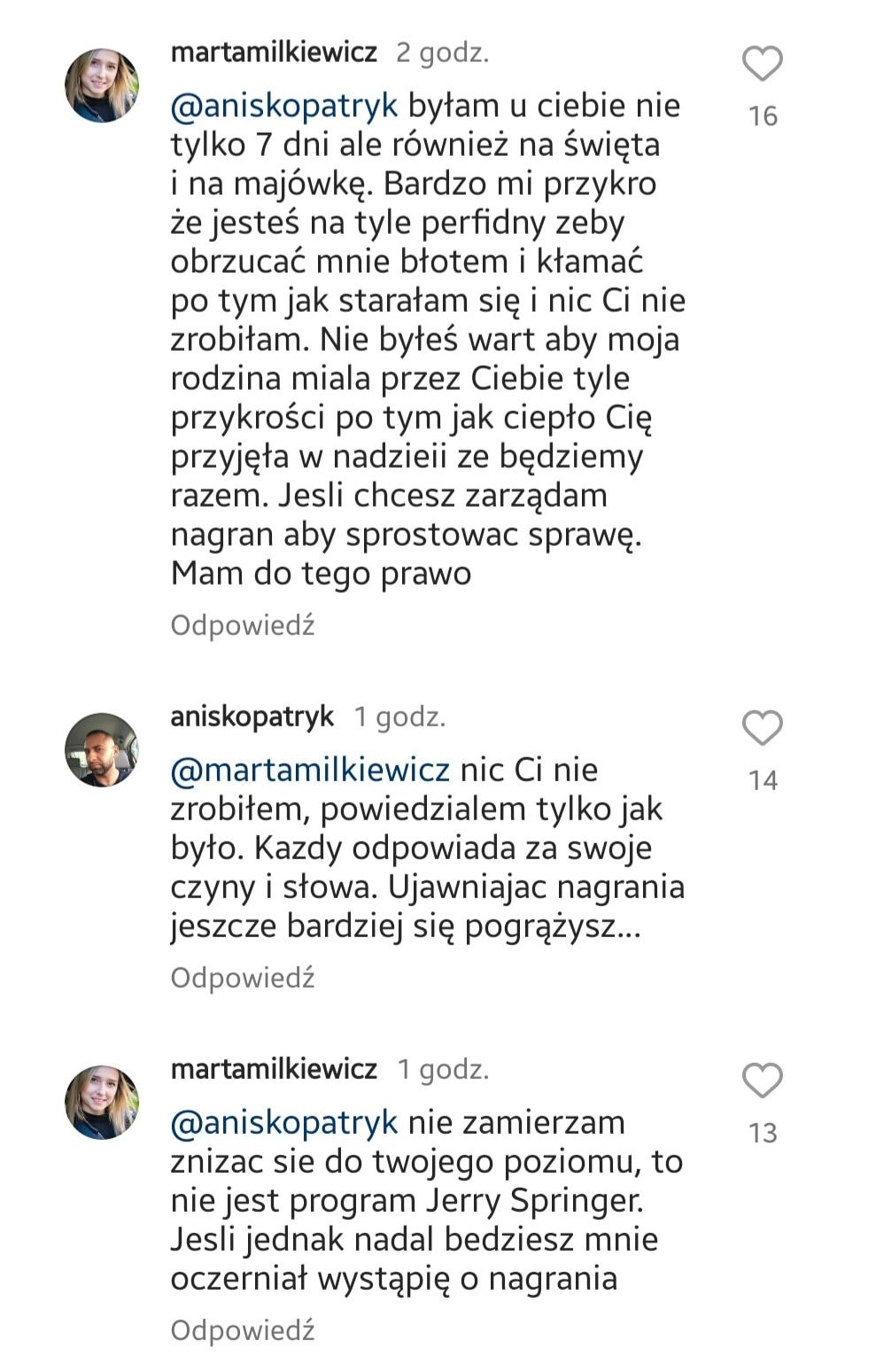 Wymiana zdań miedzy Martą a Patrykiem na Instagramie