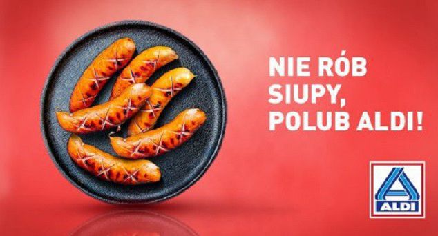 Seria grafik z żartobliwymi hasłami reklamuje Aldi