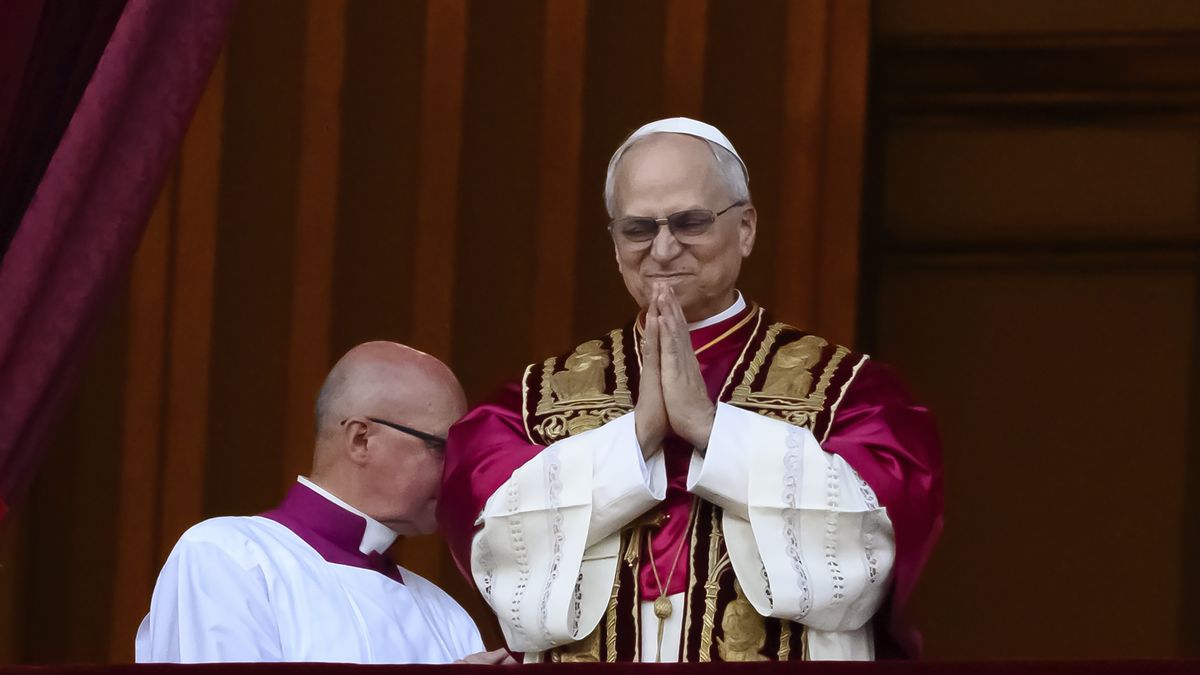 The newly elected Pope Robert Francis Prevost Leo XIV greets the faithfuls from the balcony of the St. Peter's Basilica. Vatican city (Vatican) May 8th, 2025. (Photo by Andrea Staccioli/Insidefoto/Mondadori Portfolio via Getty Images)