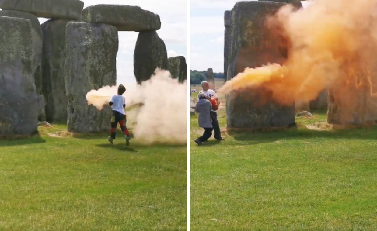 Activists sprayed the megaliths forming one of the most famous landmarks in the United Kingdom with orange paint.