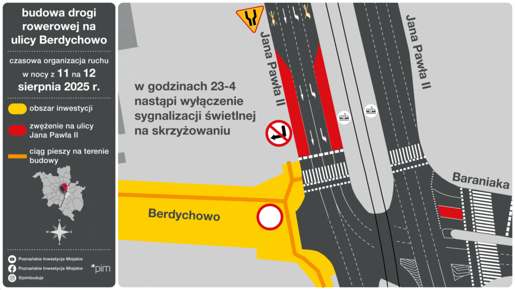 Poznań: Nocne prace na skrzyżowaniu przy Berdychowie. Zmiany w ruchu i wyłączenie sygnalizacji