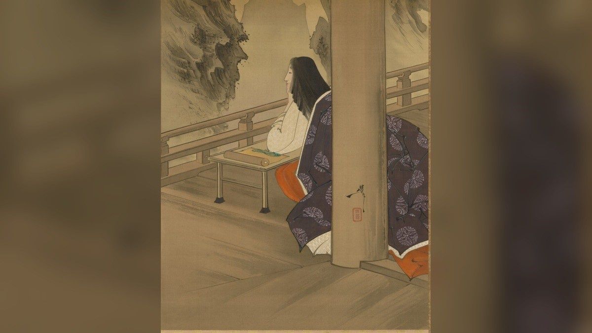 Murasaki Shikibu w świątyni Ishiyamadera. Fragment obrazu Tsukioki Yoshitoshiego z około 1892 roku, inspirowanego legendą