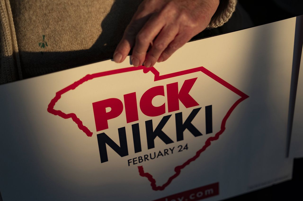 CLEMSON, SOUTH CAROLINA - FEBRUARY 20: A person holds a sign before Republican presidential candidate, former U.N. Ambassador Nikki Haley, speaks at a campaign event at The Madren Conference Center Owen Pavillion on February 20, 2024 in Clemson, South Carolina. South Carolina holds its Republican primary on February 24. (Photo by Allison Joyce/Getty Images)