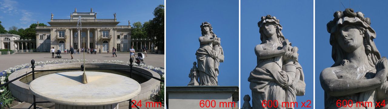 Zakres kątów widzenia zooma. Rzeźba na zdjęciu to ta lewa na samej górze pałacu.© Paweł Baldwin