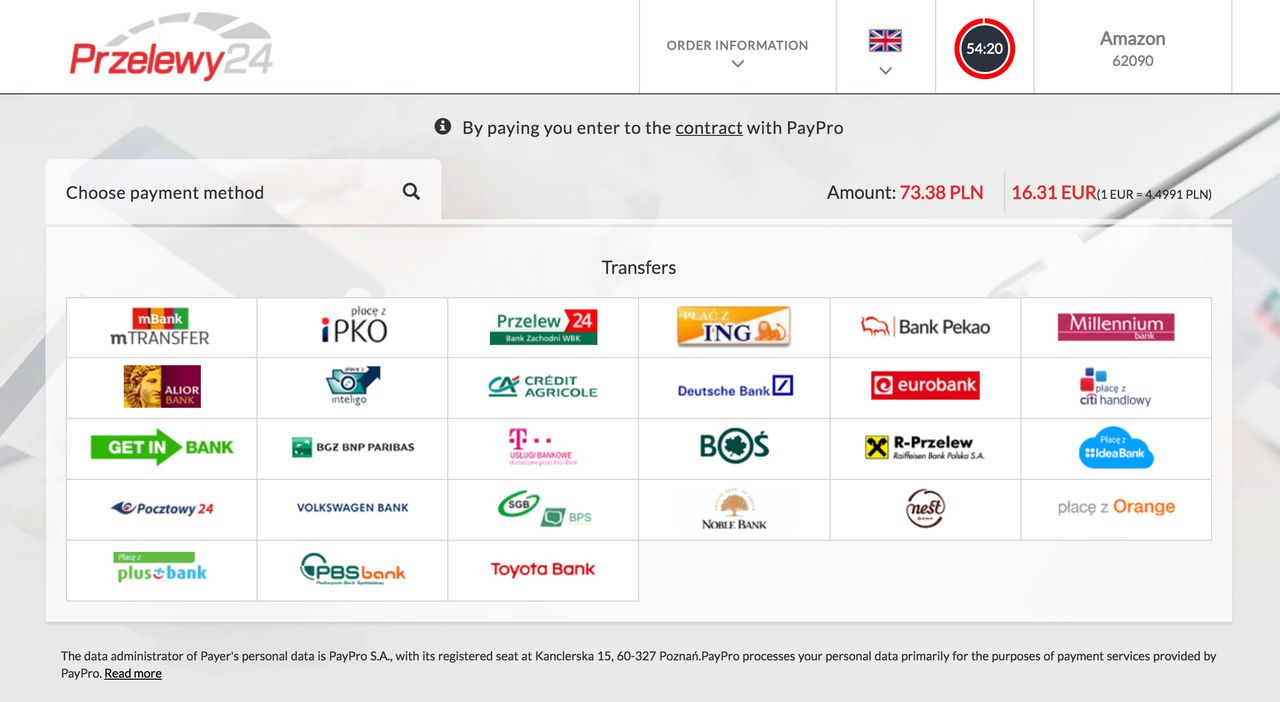 Lista banków obsługiwanych przez Przelewy24 podczas zakupów na Amazon.de
