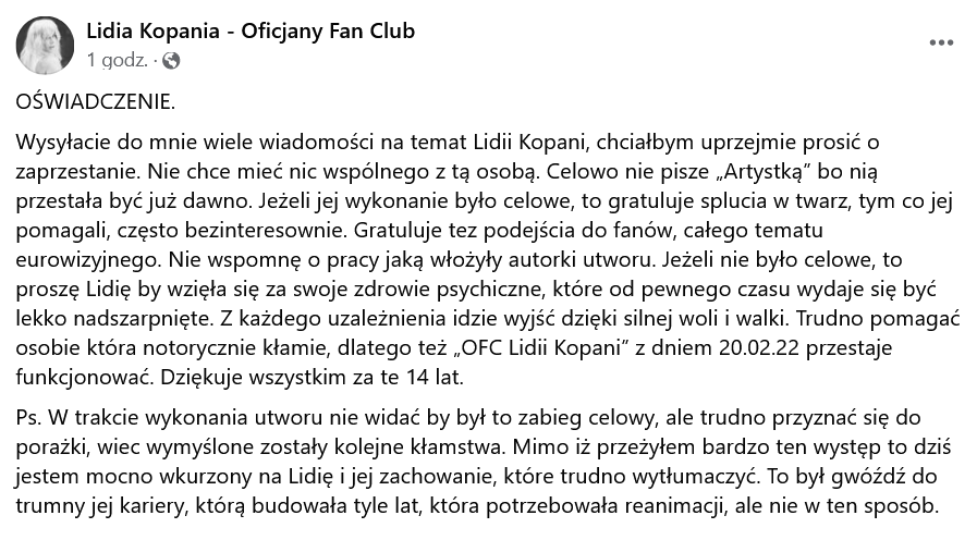 Oficjalny fanklub Lidii Kopani zamyka się po jej sobotnim występie 