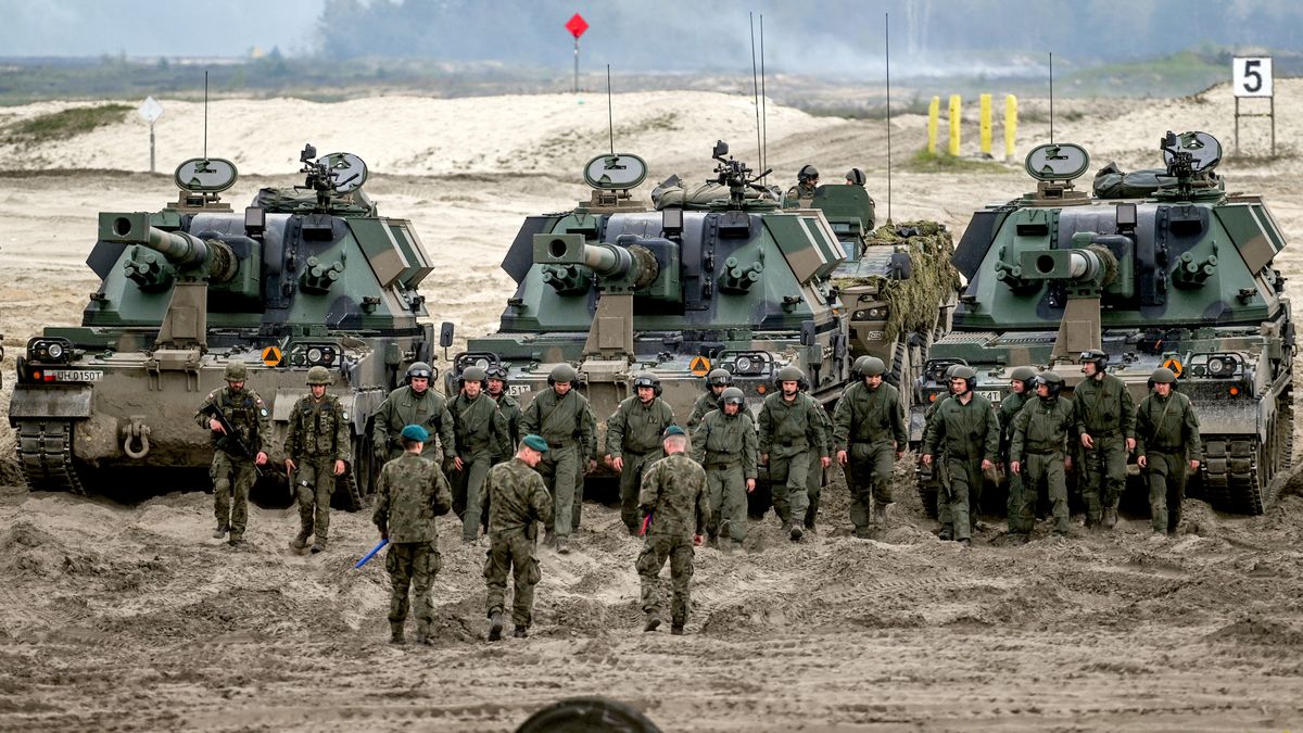 Anakonda-23: Multi-National Military Exercise In Nowa Deba
NOWA DEBA, POLAND - MAY 06, 2023:
Polish army AHS Krab, a 155 mm NATO-compatible self-propelled tracked gun-howitzers and staff, are seen during a high-intensity training session at the Nowa Deba training ground on May 06, 2023 in Nowa Deba, Poland.
Anakonda-23 is the highlight of the Polish Army's training calendar this year. Soldiers from various units, including counterparts from the US, Romania, and Slovenia, will collaborate to achieve military excellence using advanced equipment like F-16s, helicopters, missiles, and mortars. (Photo by Artur Widak/NurPhoto via Getty Images)
NurPhoto
anaconda exercise, military drill, polish army, ahs krab, 155 mm nato-compatible, self-propelled tracked gun-howitzers, staff, nowa deba, training ground, anakonda-23, polish army's training calendar, us romania slovenia f-16s helicopters missiles mortars artur wid