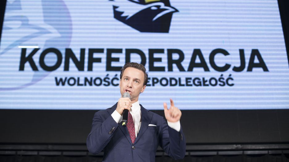 Krzysztof Bosak seen during Election night of Konfederacja (Confederation) party in Warsaw on October 15, 2023. (Photo by Maciej Luczniewski/NurPhoto via Getty Images)