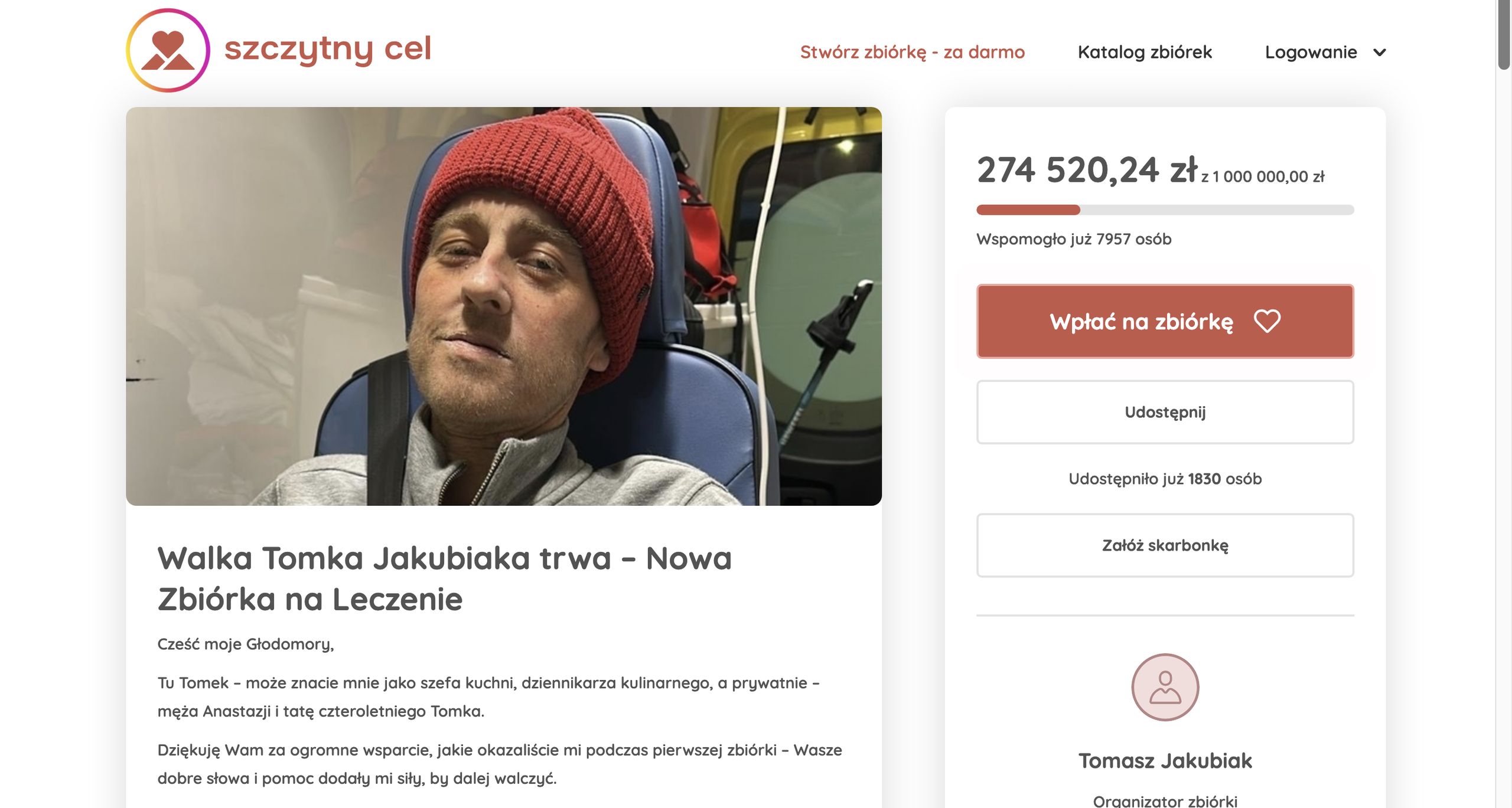 Zbiórka na leczenie Tomasza Jakubiaka