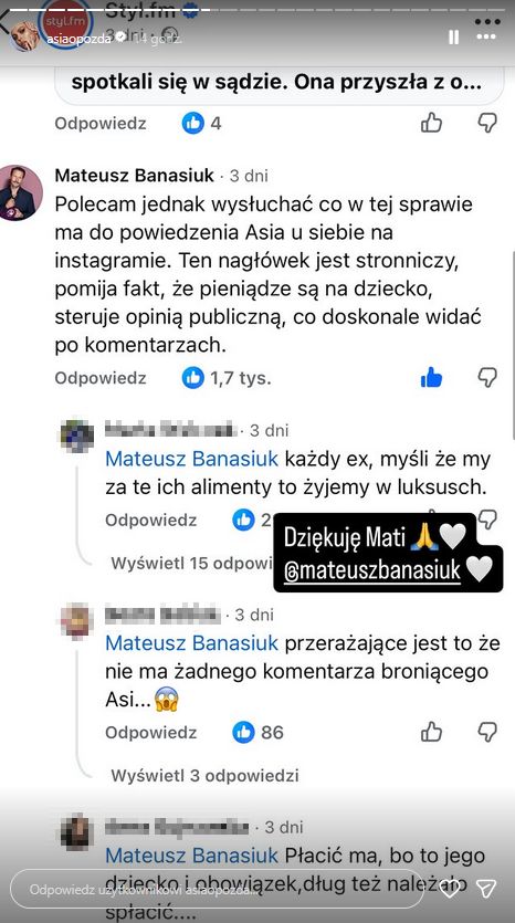 Mateusz Banasiuk staje w obronie Joanny Opozdy