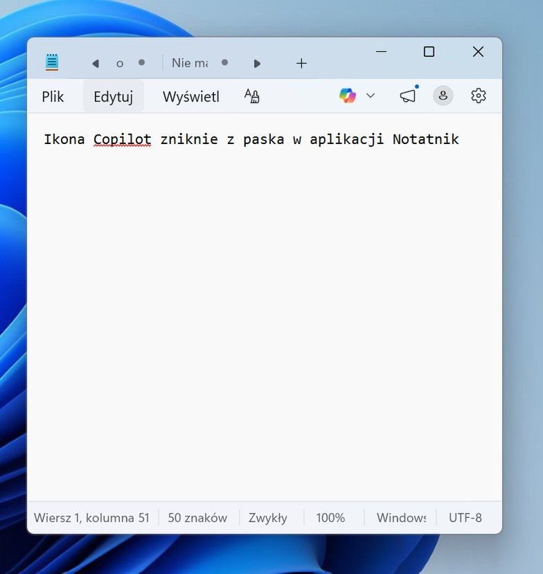 Ikona Copilot zniknie z Notatnika