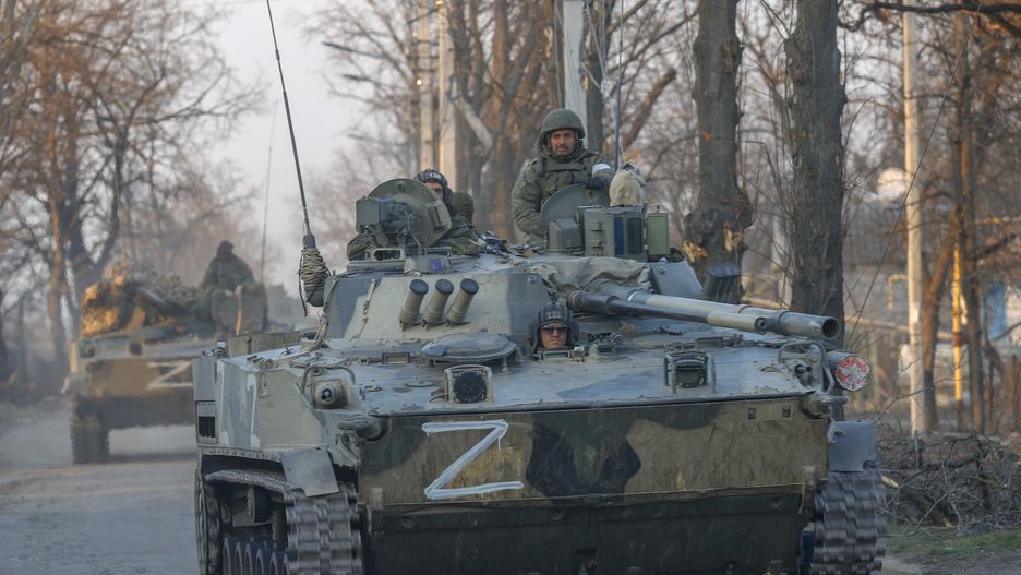 Volnovakha, which fell under the control of RussiaVOLNOVAKHA, UKRAINE - MARCH 26: Russian soldiers are seen on a tank in Volnovakha district in the pro-Russian separatists-controlled Donetsk, in Ukraine on March 26, 2022. Volnovaha, one of the 18 regions of Donetsk in eastern Ukraine, has been under the control of the Russian Armed Forces and the pro-Russian separatist in Donetsk since March 11. (Photo by Sefa Karacan/Anadolu Agency via Getty Images)Anadolu Agencydamage, march