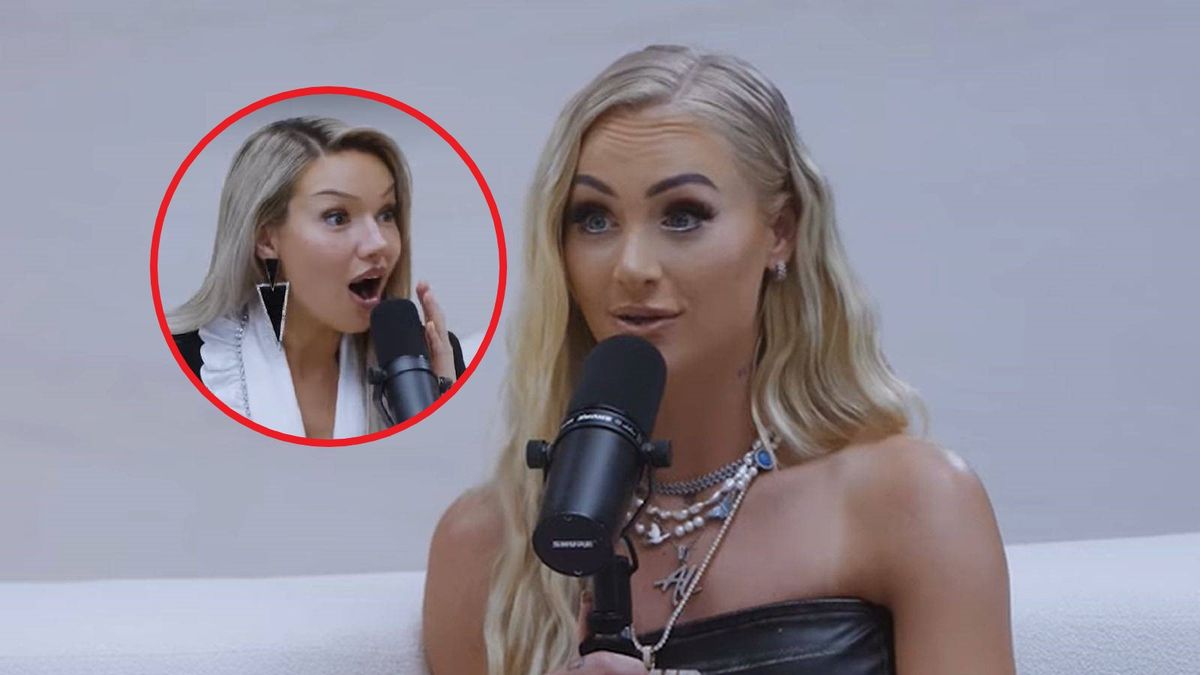 Na zdjęciu Alisha Lehmann. W ramce prowadząca podcast, Shirin David
