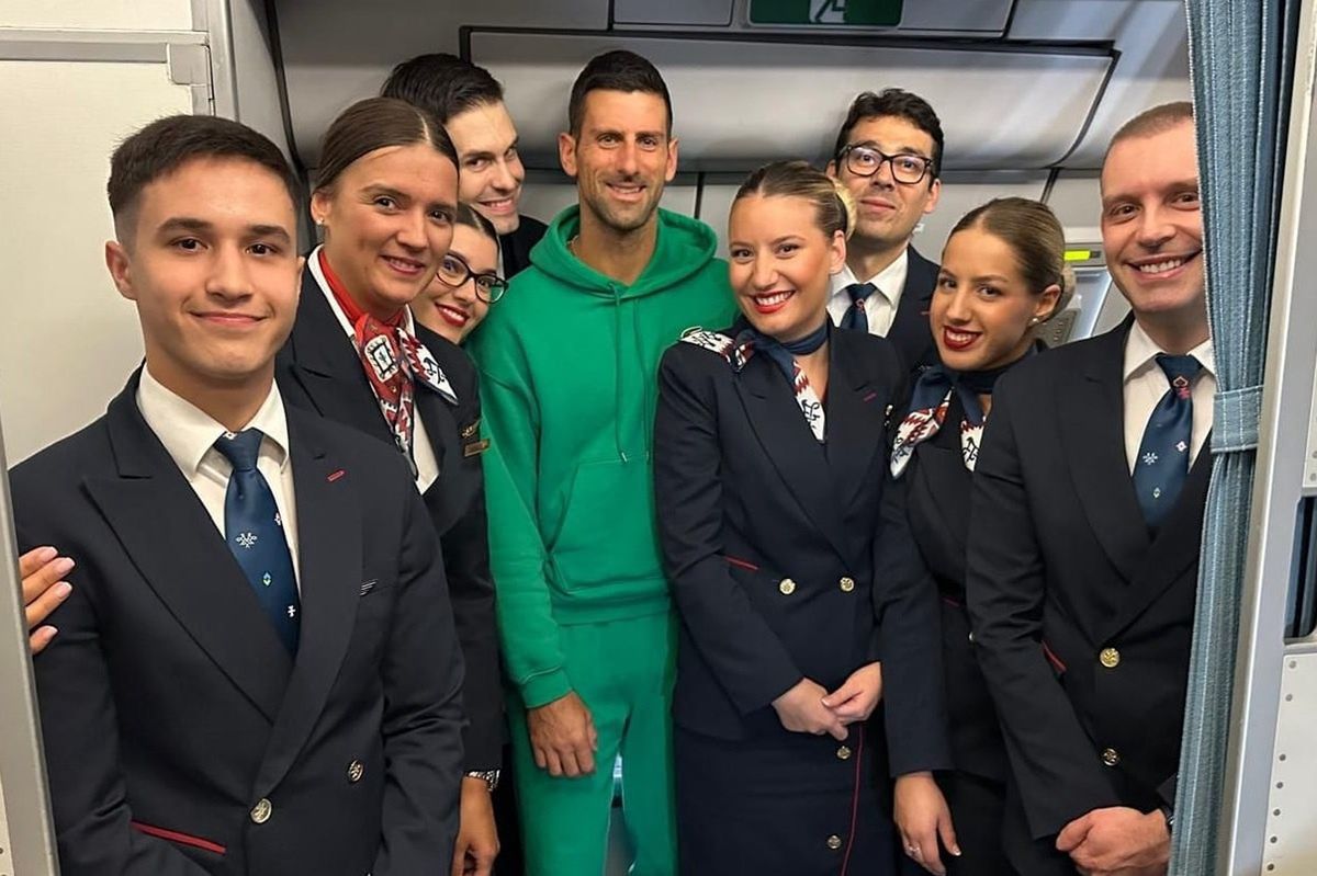 Novak Djoković on board an Air Serbia plane