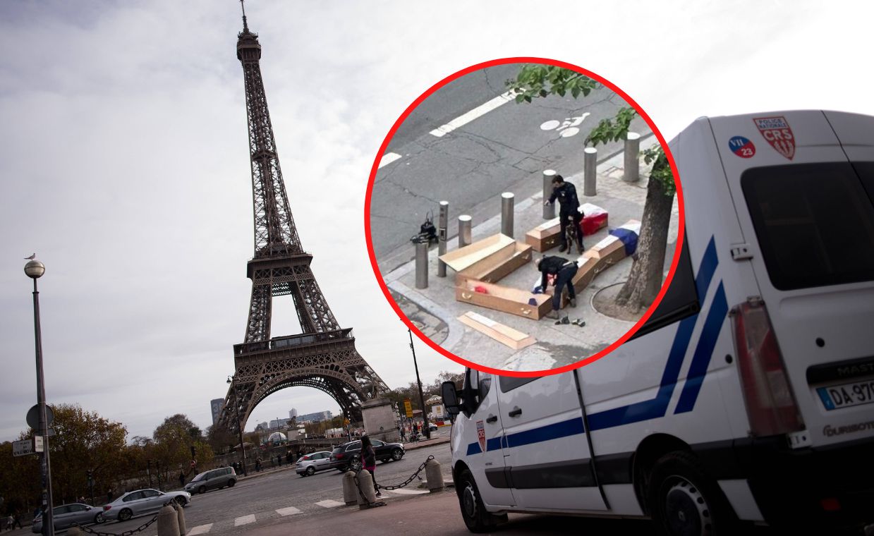 Wooden coffins were placed near the Eiffel Tower.