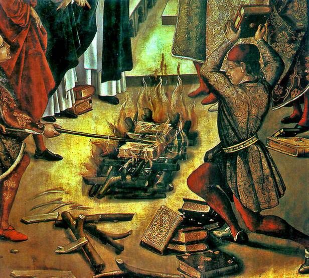 Obraz Pedra Berruguete'a, przedstawiający próbę ognia, w której spłonęły księgi katarów, a przetrwały pisma chrześcijańskie