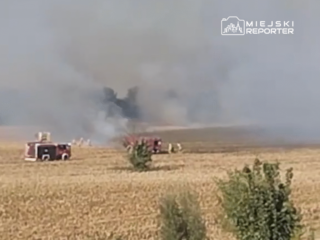 Dwa wozy strażackie gaszą pożar na polu, w tle widoczny dym i zarośla.