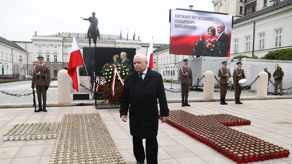 WARSAW, POLAND - APRIL 10: Jaroslaw Kaczynski, Law and Justice party leader and twin brother of the late Polish President Lech Kaczynski, attends ceremony to mark 14th Smolensk plane crash anniversary, near the Presidential Palace in Warsaw, Poland on April 10, 2024. 96 people with Polish President Lech Kaczynski among other died in the air disaster in Russia in 2010. (Photo by Jakub Porzycki/Anadolu via Getty Images)
