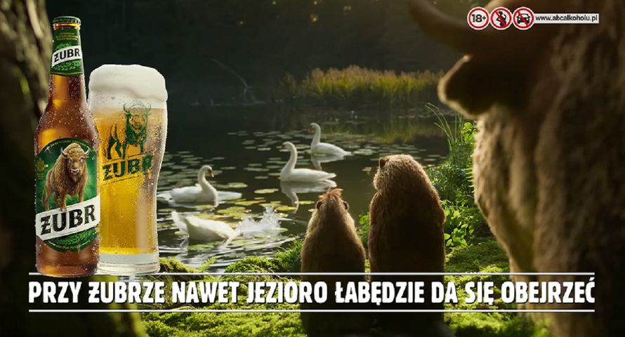 Marka Żubr promuje się hasłem "Przy Żubrze nawet jezioro łabędzie da się obejrzeć"