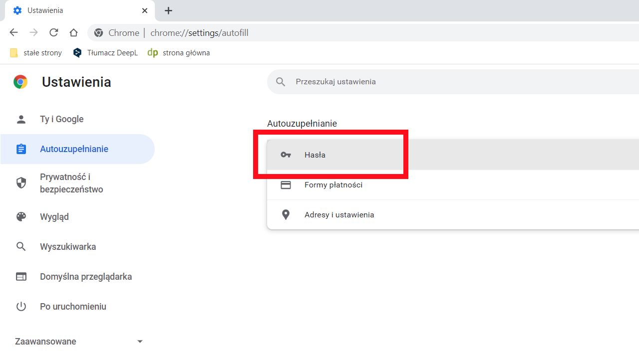 Google Chrome: menu Hasła