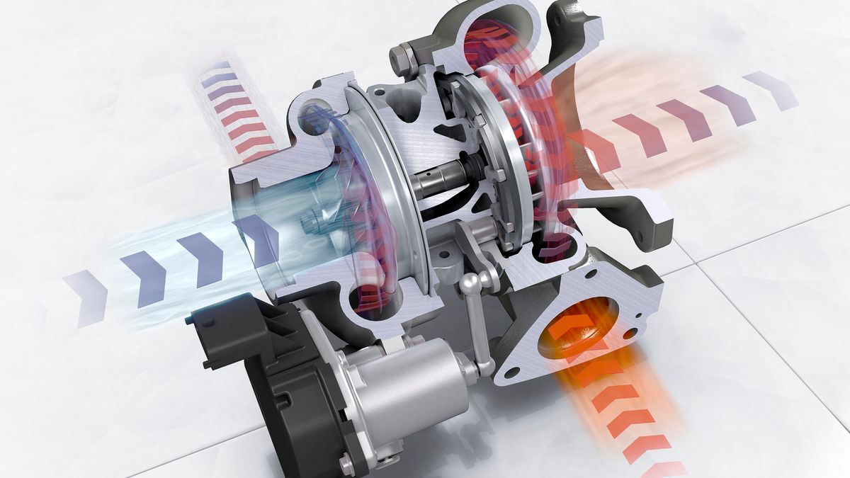 Turbosprężarka z oznaczonym przepływem powietrza zimnego i ciepłego. Widoczne wirniki oraz wał