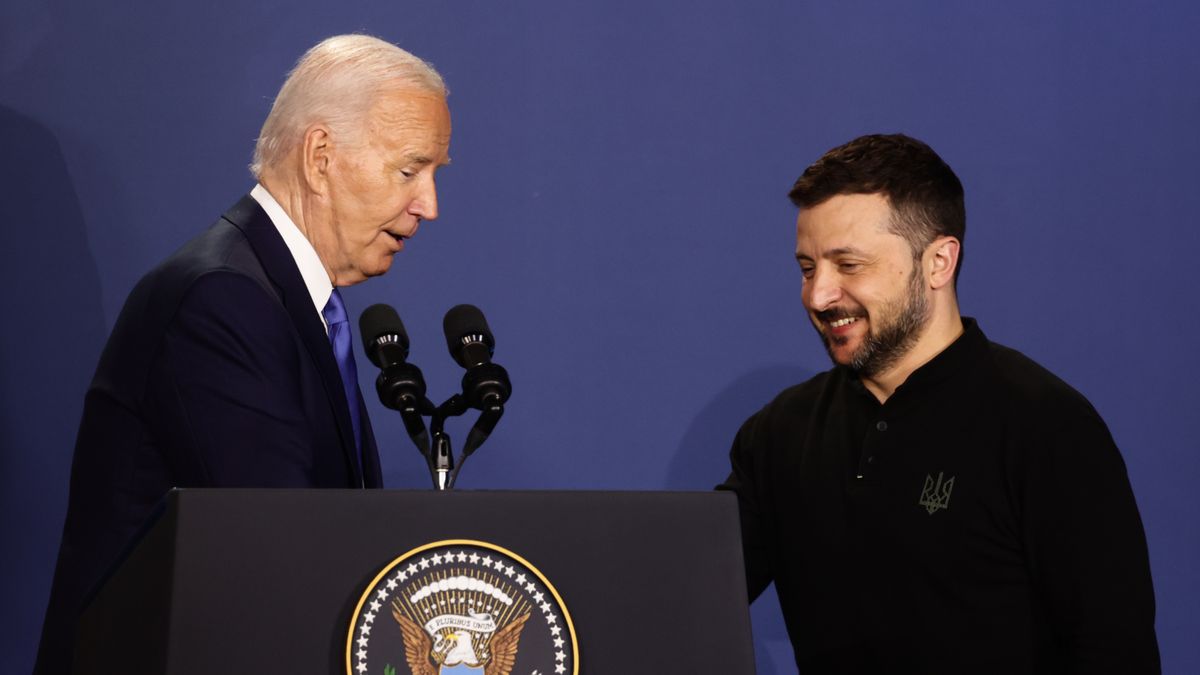 President of United States Joe Biden and President of Ukraine Volodymyr Zelensky at the Ukraine Compact during the final day of the NATO Summit in Washington DC, United States on July 11, 2024. (Photo by Jakub Porzycki/NurPhoto via Getty Images)