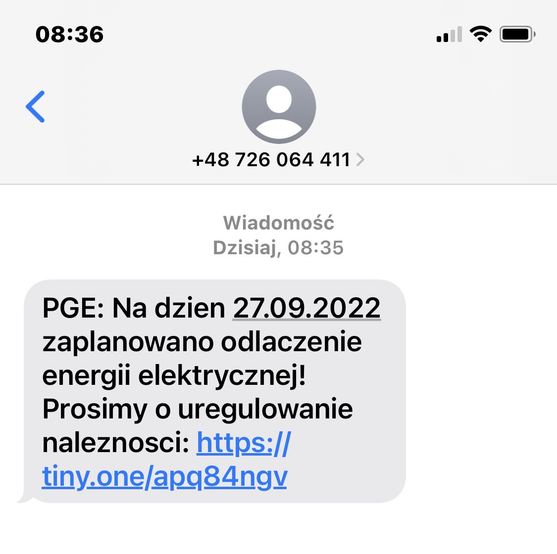 Fałszywy SMS o wyłączeniu energii elektrycznej