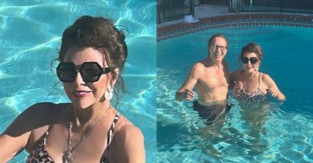 89-letnia Joan Collins pluska się w drapieżnym stroju kąpielowym. Obok młodszego o 30 lat męża (ZDJĘCIA)