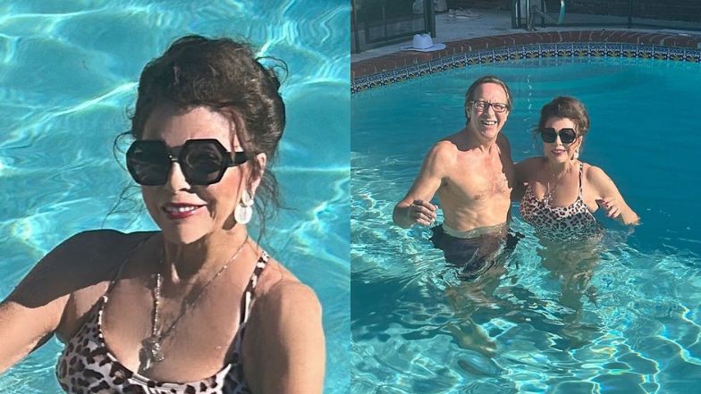 89-letnia Joan Collins pluska się w drapieżnym stroju kąpielowym. Obok młodszego o 30 lat męża (ZDJĘCIA)