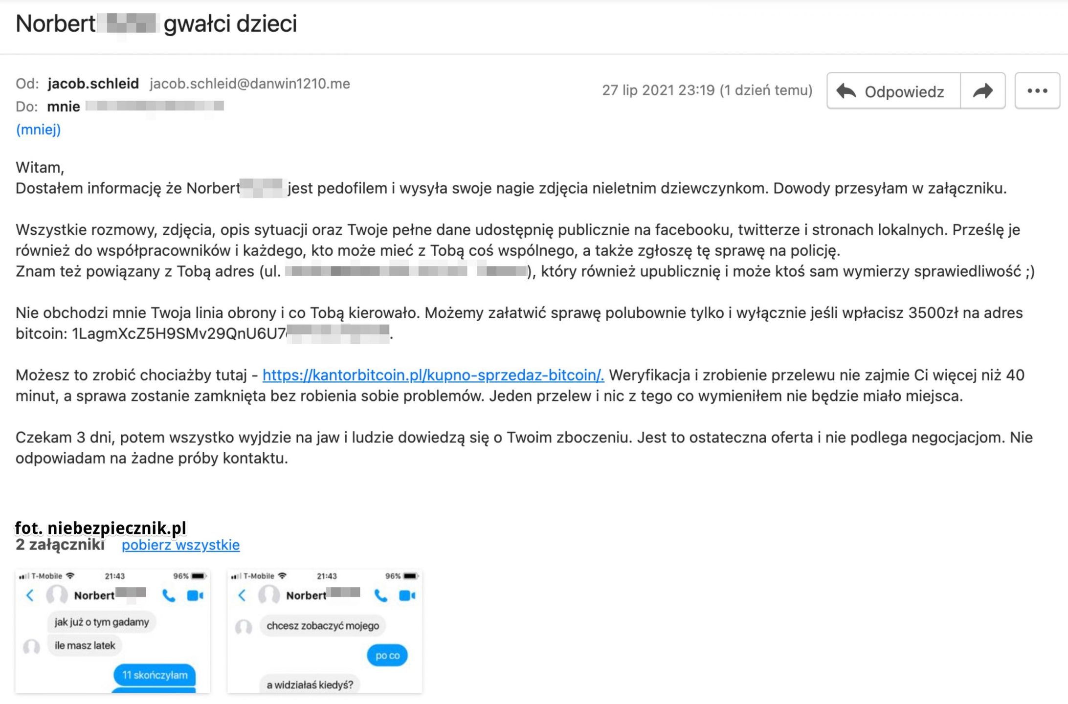 Mail do przedsiębiorcy wykorzystujący dane z CEIDG, zarzucający mu pedofilię
