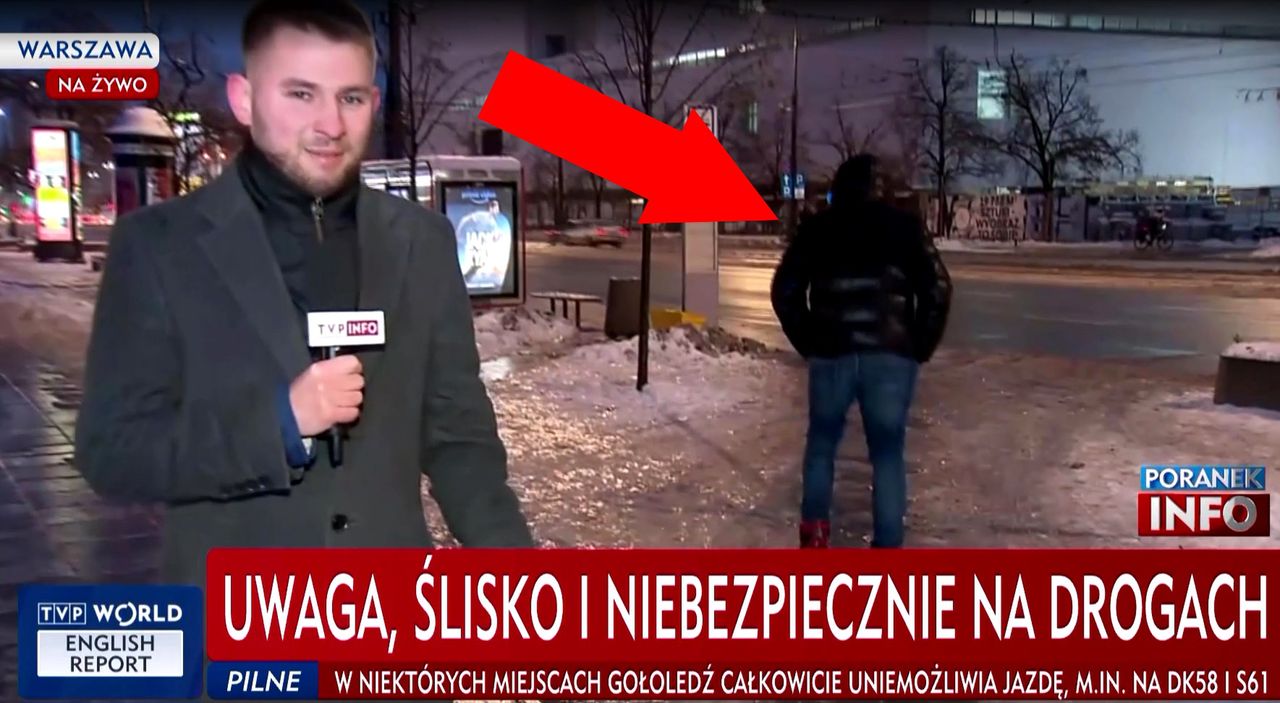 Reporter TVP Info mówił o śliskich chodnikach