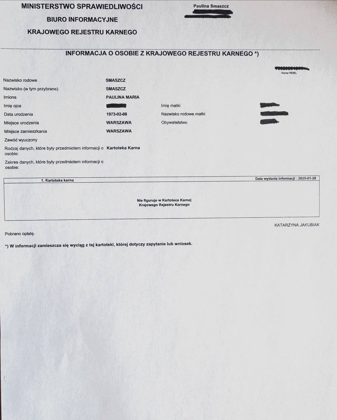 Karta karna Pauliny Smaszcz