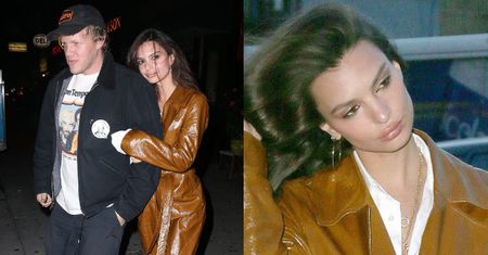 Wystylizowana Emily Ratajkowski ściska męża za ramię