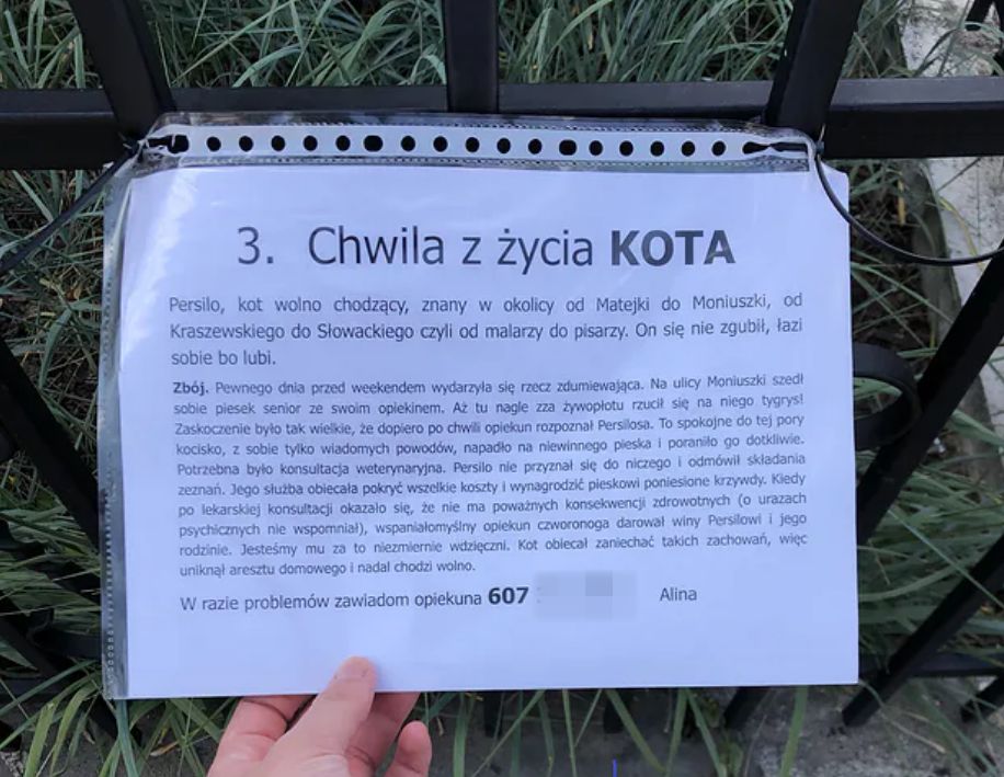 Kartka zawisła w pobliżu przystanku, na którym Persilo często bywa