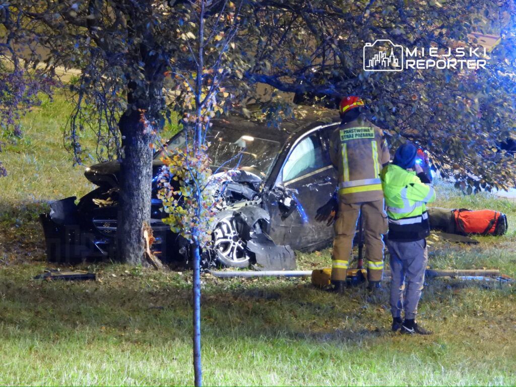 Strażacy i ratownicy medyczni pracują przy zniszczonym samochodzie, który uderzył w drzewo na poboczu drogi.