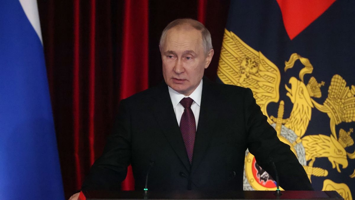 MOSCOW, RUSSIA - MARCH 20: (RUSSIA OUT) Russian President Vladimir Putin gestures during the Expanded Board Meeting at the Interior Ministry on March 20, 2023, in Moscow, Russia. Putin delivered an annual speech to top officers of the Interior Ministry and urged to stop illegal street actions and the spread of "extremist ideology". (Photo by Contributor/Getty Images)