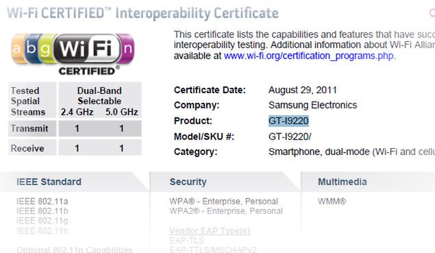 Samsung GT-I9220 z obsługą WiFi w dwóch częstotliwościach 2