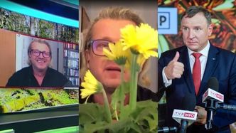 Jarosław Jakimowicz celebruje narodziny córki Jacka Kurskiego, wymachując na wizji doniczką z kwiatami
