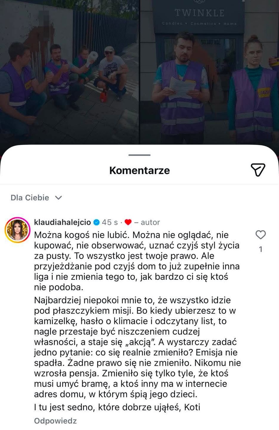 Klaudia Halejcio komentuje aferę z Andziaks i aktywistami