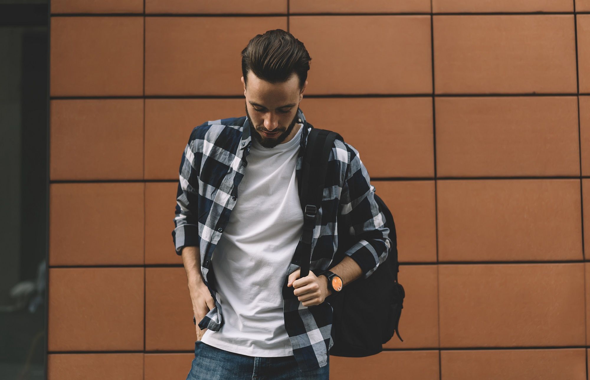 Trendy dressed male student with backpack looking down during leisure time in city, Caucasian hipster guy in casual clothing spending leisure at urban setting thinking about youthful lifestylepastime, visiting, one person, people, caucasian, male, man, hipster guy, teen, young, 20s, outdoors, good looking, bearded, handsome, millennial, copy space, publicity area, student, trendy, urban setting, fashion, clothing, outfit, stylish, cool, brand, shirt, wear, youth lifestyle, apparel, leisure, free time, street, city, getaway, travel, journey, trip, sightseeing, town, vacations, holidays, backpack, rucksack, streetwear, tourism, international, solo, casual dressed, pastime, visiting, one person, people, caucasian, male, man, hipster guy, teen, young, 20s, outdoors, good looking, bearded, handsome, millennial, copy space, publicity area, student, trendy, urban setting, fashion, clothing, outfit, stylish, cool, brand, shirt, wear, youth lifestyle, apparel, leisure, free time, street, city, getaway, travel, journey, trip, sightseeing, town, vacations, holidays, backpack, rucksack, streetwear, tourism, international, solo, casual dressed