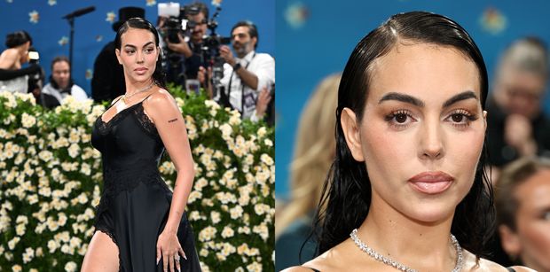 Gala MET 2025. Georgina Rodriguez z poważną miną gra nogą w dopasowanej halce z trenem. Ikona stylu?
