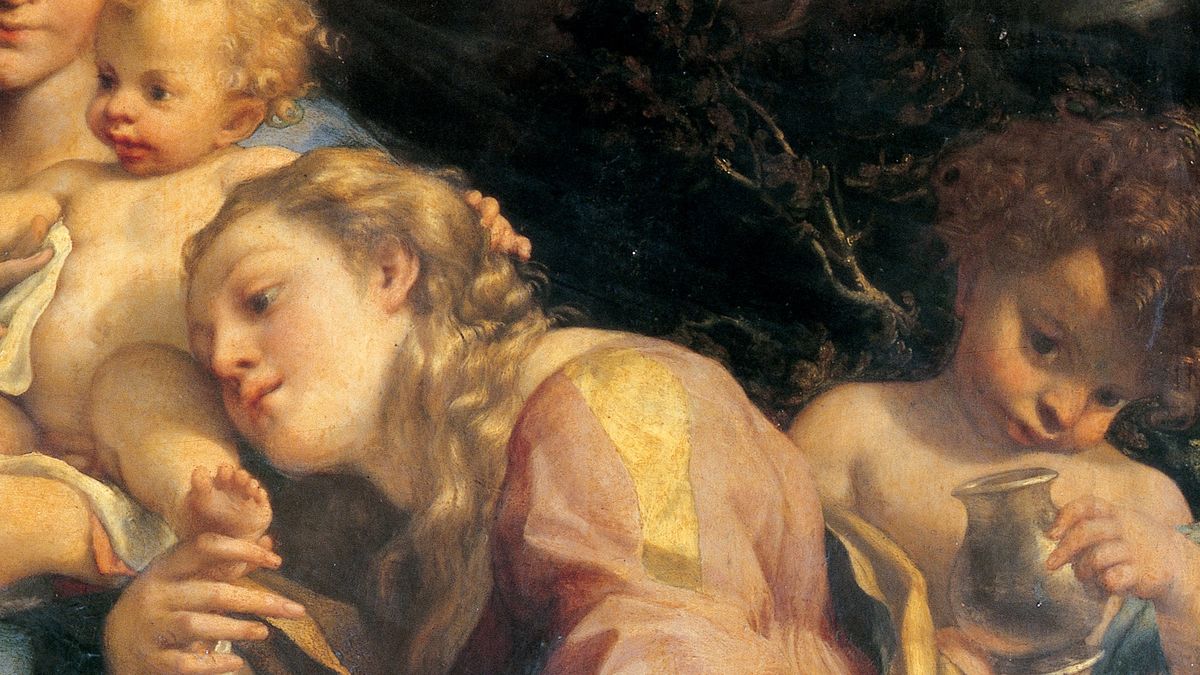 Madonna with Child and the saints Jerome, Mary Magdalene, the Infant John, and an angel, Correggio, 1523, XVI century, oil on board, 205.7x141 cm. Italy, Emilia-Romagna, Parma, Galleria Nazionale di Parma. Detail. Mary Magdalene bends towards the infant Jesus, while the young John the Baptist is behind her (Photo by Electa/Mondadori Portfolio via Getty Images)