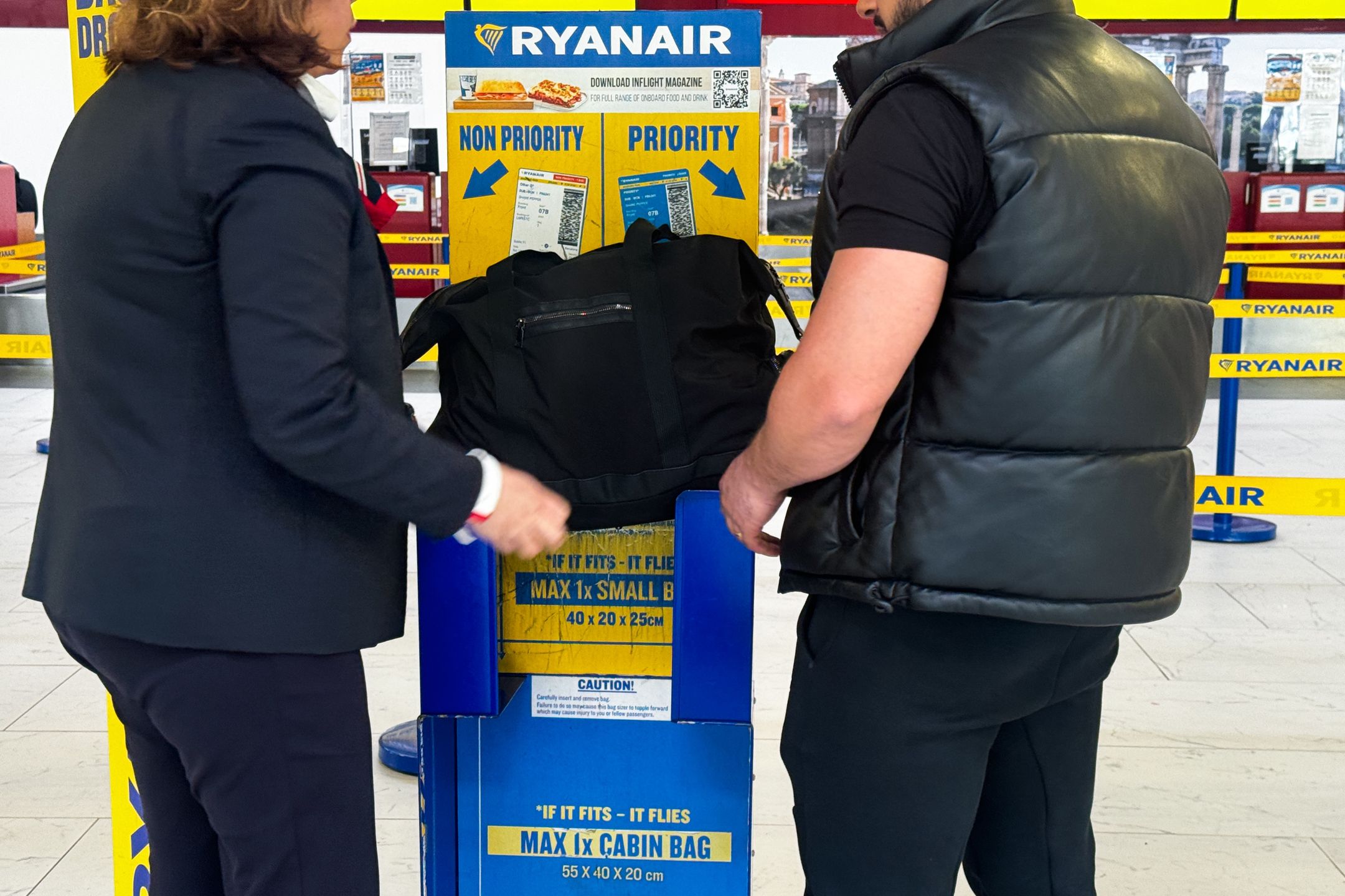 Rome And Vatican Daily Life And EconomyRyanair bag sizer is seen at Rome Ciampino Airport in Ciampino, Italy on April 27, 2025. (Photo by Jakub Porzycki/NurPhoto via Getty Images)NurPhotojakub porzycki, european travel, baggage, low-cost carrier, sizer, april 27, airline industry, travel photography, baggage allowance, travel restrictions, airport facilities, airport infrastructure., italy airport, airport equipment, nurphoto, carry-on, airline regulations, aviation photography, aviation, baggage policy, fitting, bag sizer, rome ciampino airport, flight, photo credit, airline, ciampino, cabin