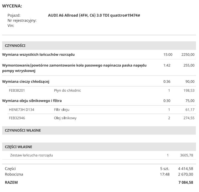 Przykładowa wycena podstawowych czynności związanych z wymianą rozrządu w silniku 3.0 TDI.