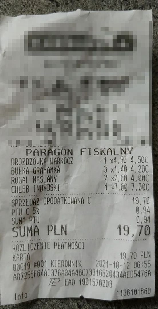 Paragon z piekarni, w której czytelniczka Justyna robi zakupy najczęściej.