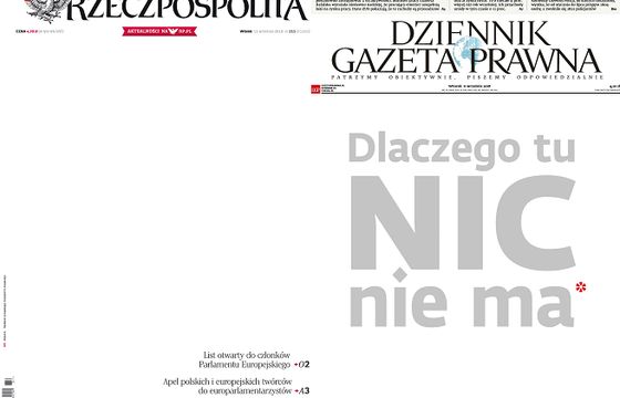 „Rzeczpospolita”, „Parkiet”, „DGP” i „Puls Biznesu” z pustymi pierwszymi stronami - apelują o przyjęcie dyrektywy o prawie autorskim