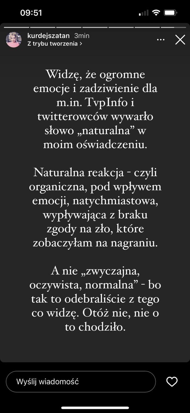 Basia Kurdej-Szatan wyjaśnia "TVP Info i twitterowcom", o co chodziło w jej oświadczeniu