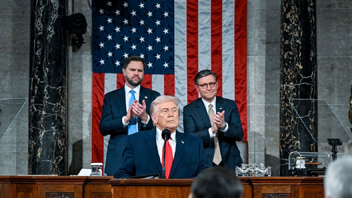 President Trump Delivers The State Of The Union Address
WASHINGTON, DC - FEBRUARY 24:  U.S. President Donald Trump delivers the State of the Union address during a joint session of Congress in the House Chamber at the Capitol on February 24, 2026 in Washington, DC. Trump delivered his address days after the Supreme Court struck down the administration's tariff strategy, and amid a U.S. military buildup in the Persian Gulf threatening Iran. (Photo by Kenny Holston-Pool/Getty Images)
Pool